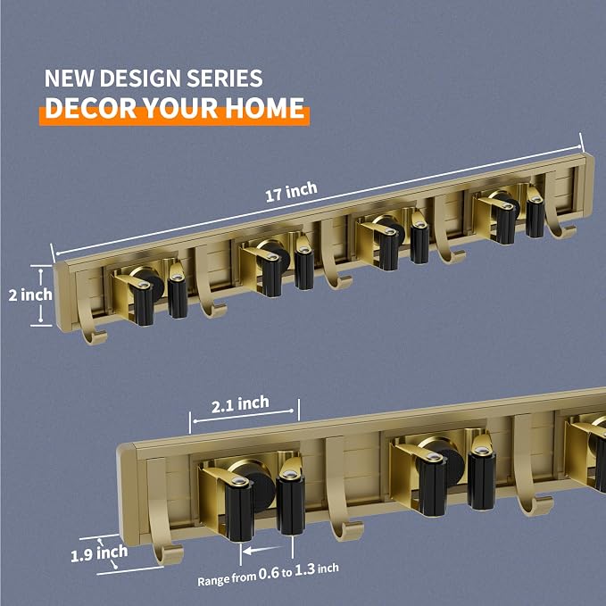 reliahom Broom Holder Wall Mount, 4 Racks with 5 Hooks Bronze - Mop Storage Tool Racks, Broom Hanger Tool Organizer for Garage, Kitchen, Garden, Laundry Room - Image 6