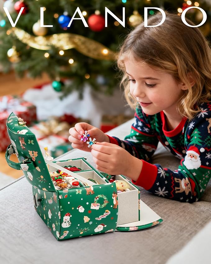 VLANDO Kids Musical Jewelry Box for Girls with Drawer, Music Box with Ballerina and Stickers for Birthday Bedroom Decor, Holidays Gifts for Girls Kids - Christmas Green - Image 7