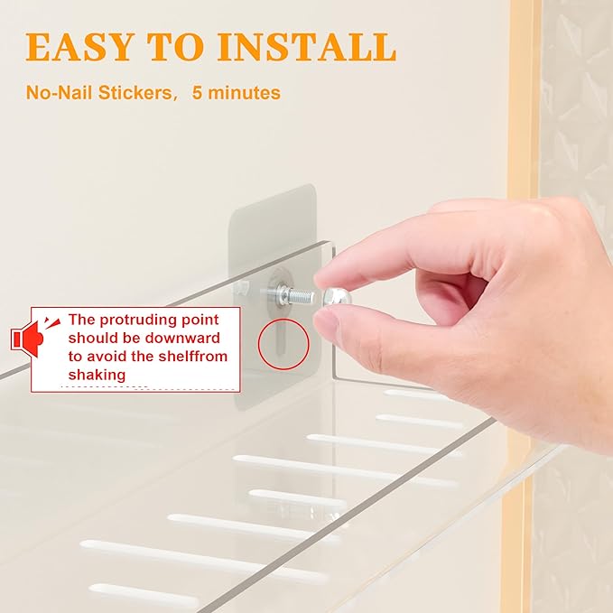2 Pack Adhesive PET Floating Shelves for Wall, Living Room, Kitchen, Bathroom Organizers and Storage with Adhesive Hooks (for No Drilling) and Drilling Screws - Image 5