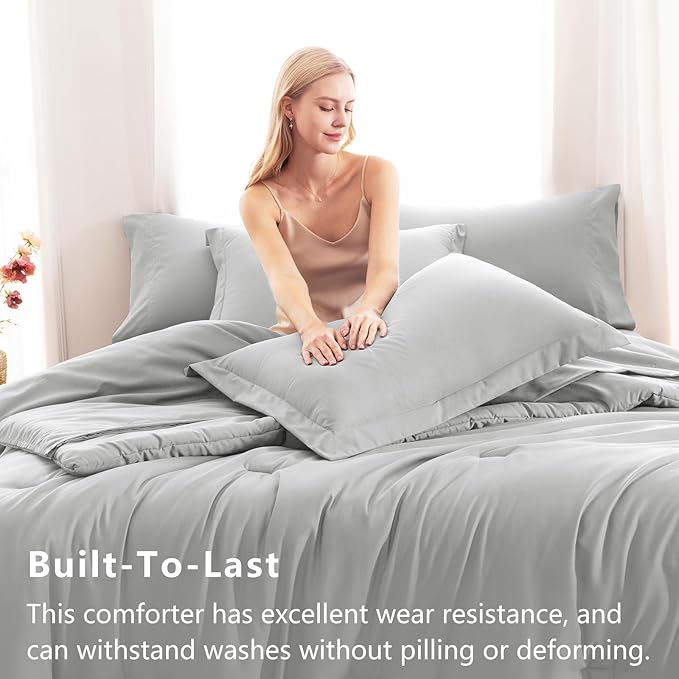 CozyLux Full Size Comforter Sets Light Grey, 7 Pieces Bed in a Bag Full Comforter Set with Sheets, Light Gray Luxury Soft Bedding Set with Down Alternative Comforter, Sheets, Pillowcases & Shams