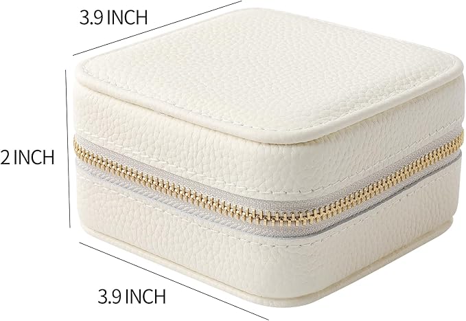 Genuine Leather Travel Jewelry Case Organizer with Mirror for Women, Small Jewelry Box Portable Mini Jewelry Case for Earring, Ring, Necklace, Bracelet（Lychee Grain Ivory White） - Image 2