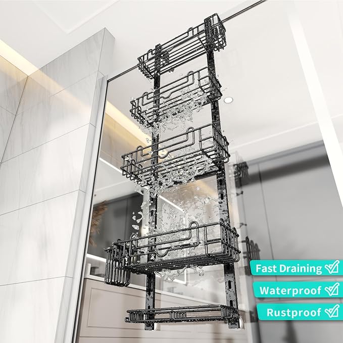 HapiRm 5 Tier Over the Door Shower Caddy, Hanging Shower Caddy with 28 Hooks and 2 Toothbrush Holders, No Drilling Adjustable Hanging Bathroom Organizer - Black - Image 6