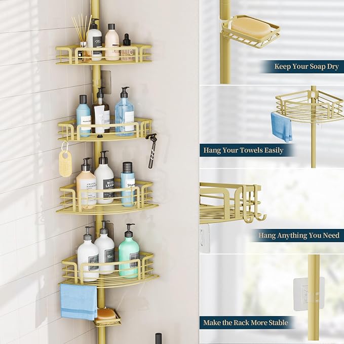 Consumest Corner Shower Caddy Tension Pole - Rustproof Shower Shelves with Towel Bar & Soap Holder, Adjustable Bath Organizer for Bathroom Storage, 27.6-108.3 inch, Gold - Image 5
