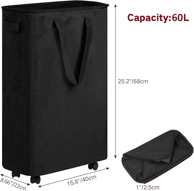 efluky Slim Laundry Hamper with Wheels, Rolling Laundry Basket for Clothes, Small Laundry Basket for Bedroom, Dorm and Laundry Room, 60L (12.7 Gallons) Black - Image 3