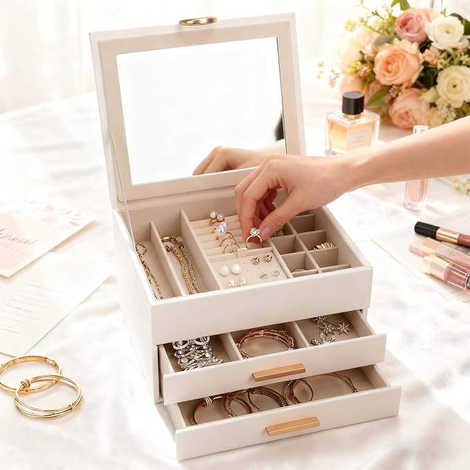Jewelry Storage Box for 150+ Items - Features a Mirror, Smooth Gliding Drawers, and Non-Slip Earring Pads for Maximum Organization White - Image 7