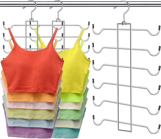 Metal Tank Top Hanger 2 Pack, Space Saving Bra Organizer with 24 Easy Access Hooks, 360° Swivel Closet Organizers and Storage, Apartment College Dorm Room Essentials, Small Space Organization Solution by CLODSPAC