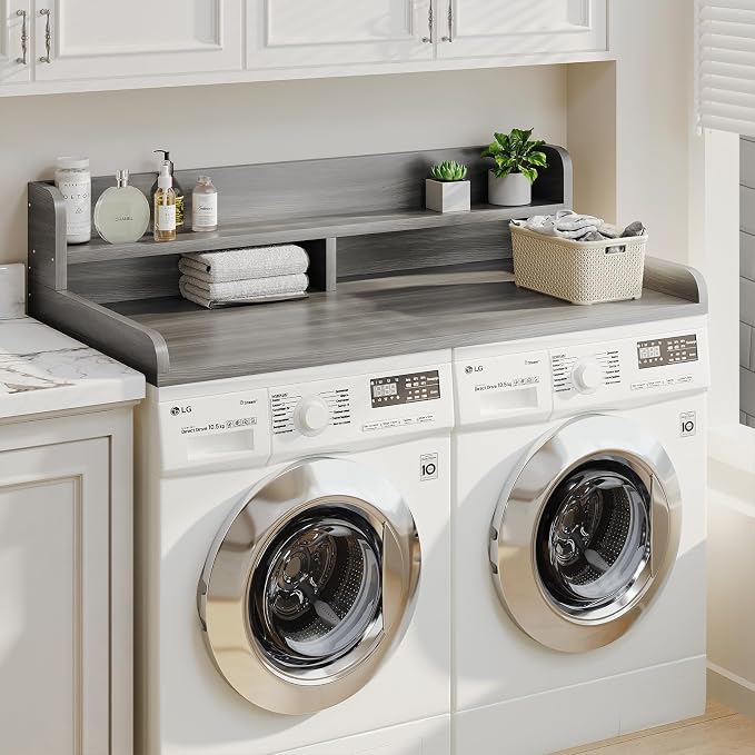 2-Tier Washer Dryer Countertop with 2.75"H Edge Rails, 54" W x 27.55" D Laundry Countertop for Folding Clothes, Washer and Dryer Topper with Non-Slip Pad (Stripe Gray) - Image 5