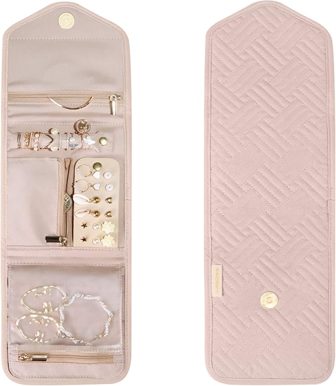 BAGSMART Travel Jewelry Organizer Case Foldable Small Jewelry Roll for Journey Rings, Necklaces, Earrings, Bracelets,Mini,Soft Pink - Image 9