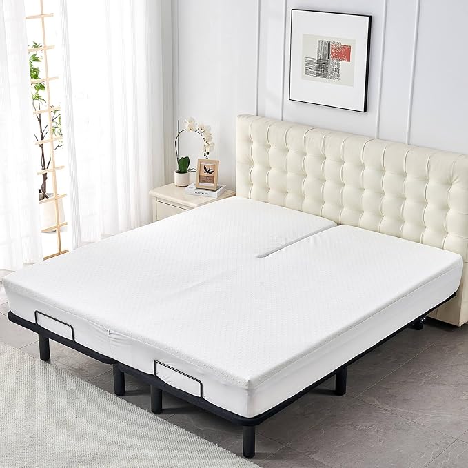 Bamboo Viscose Cooling Split Top King Mattress Protector for Adjustable Bed with Upper Flex Waterproof Fitted Sheet Style Matress Cover 32-34" Split from Head