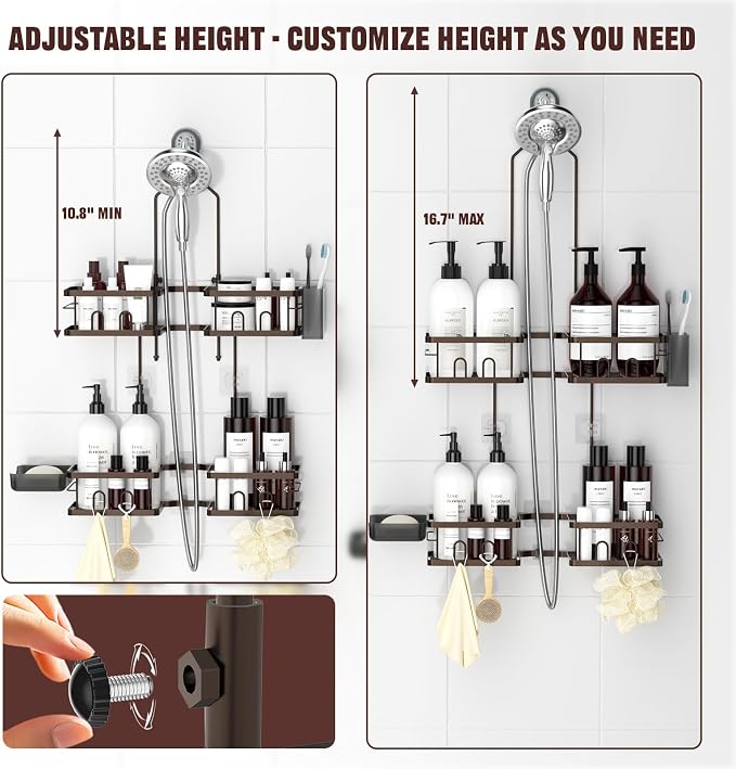 REINHARDT Adjustable Shower Caddy Hanging Rustproof Shower Caddy for Handheld Showerheads, Shower Organizer with Hooks Soap Holder, Anti-Swing Shower Rack Bathroom Accessories, Bronze - Image 2