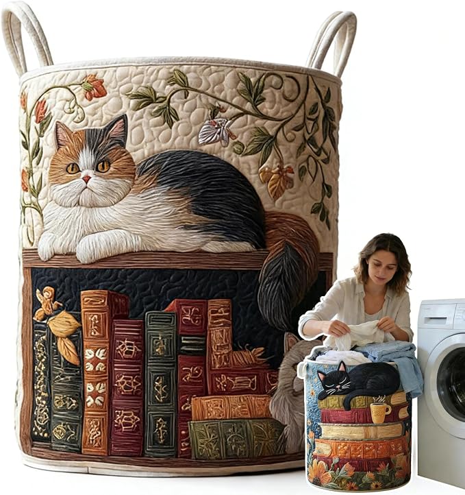Cat Quilted Laundry Basket - 18"/22"/28", 2026 Large Quilted Cat Laundry Basket with Handles, Cozy Cat Fabric Storage Hamper for Nursery, Bedroom, Laundry Room, Clothes & Toys (3, S 14"X18") by Unknown