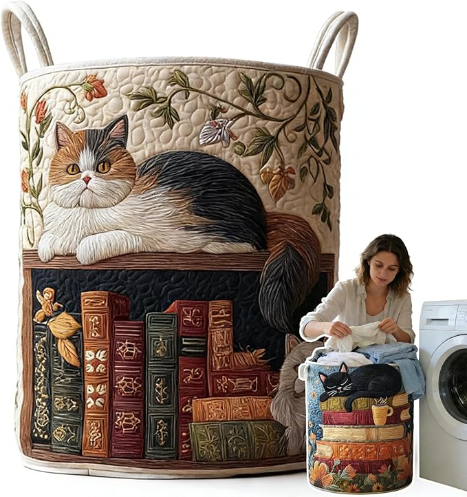 Cat Quilted Laundry Basket - 18"/22"/28", 2026 Large Quilted Cat Laundry Basket with Handles, Cozy Cat Fabric Storage Hamper for Nursery, Bedroom, Laundry Room, Clothes & Toys (3, M 16"X22") by Unknown