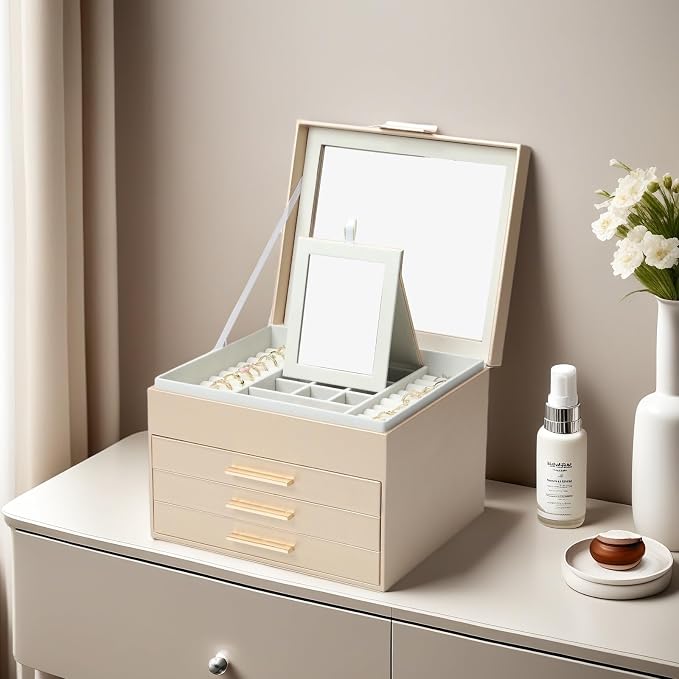 BOOVO Clear Lid Jewelry Box,4 Layers Jewelry Organizer Large Jewelry Storage Box with 3 Drawers,Jewelry Holder Organzier of Rings Earrings Necklace Bracelets for Women (Champagne, 4 Layer) - Image 5