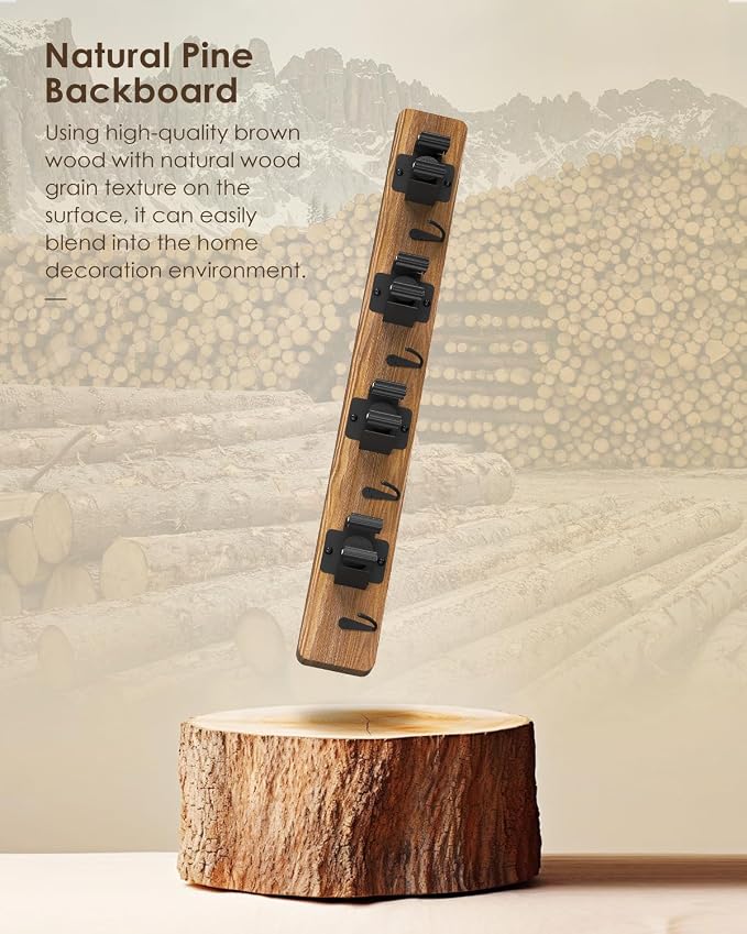 AceMining Broom Holder Wall Mounted, 2 Pack 4 Holders and 4 Hooks Mop Holder, Wooden Mop and Broom Holder with Anti slip rubber, Natural pine wood Brush Holder, Mop Wall Holde with Nail installation - Image 7