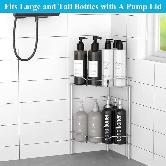 HuggieGems 2 Tier Floor Standing Corner Shower Caddy Organizer Shelf with Hooks, Bathroom Shelves Stand Rack, Silver - Image 3
