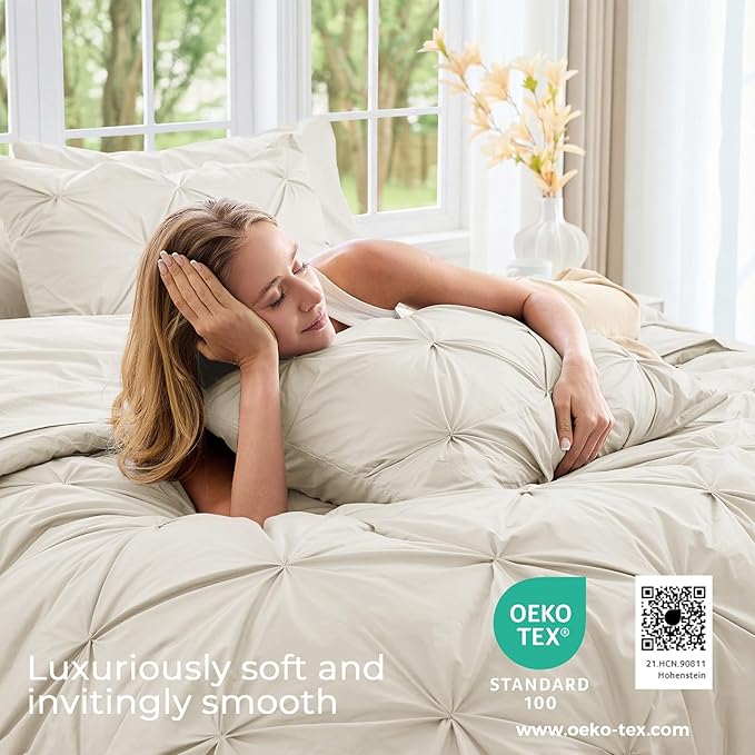 Sasttie Twin XL Comforter Set, 5-Piece Bed in a Bag, Pintuck Bedding Sets for All Season, Includes Comforter, Flat Sheet, Fitted Sheet, Pillowcase and Pillowsham, Beige