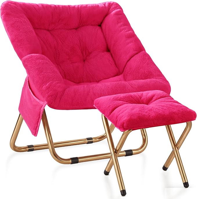 Kasunpul Comfy Saucer Chair, Foldable Living Room Chairs, Soft Faux Fur Lounge Chair for Bedroom, Reading Chairs for Adults, Teens, X-Large (Hot Pink)