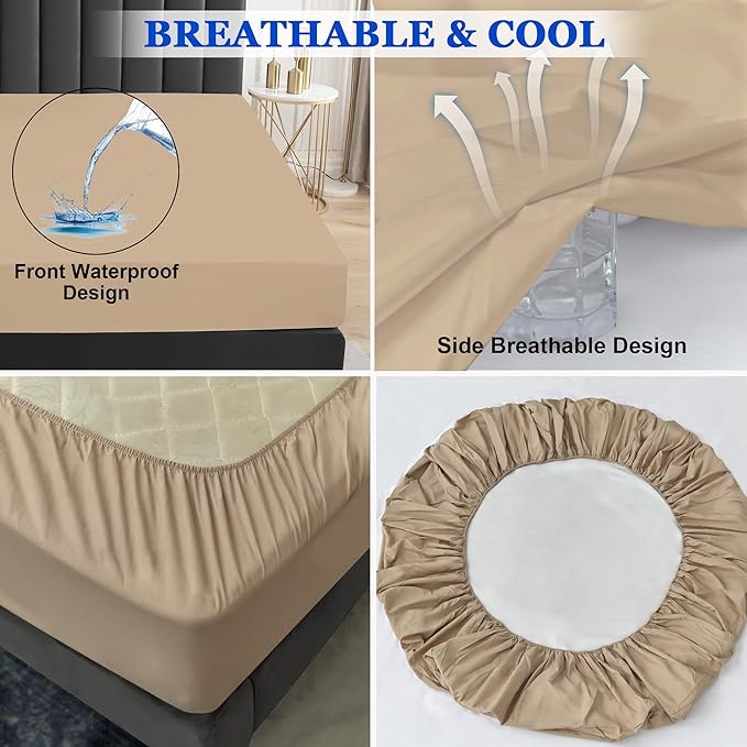 Sufdari Waterproof Mattress Protector, Mattress Cover Twin Size for Bed,18" Deep Pocket Fitted Sheet Style Mattress Protector with Elastic Rubber Band-Light Tan,Twin