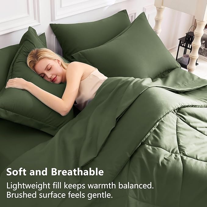 CozyLux King Size Comforter Set Olive Green - 7 Pieces Bed in a Bag King, Luxury Soft Bed Set for All Seasons, Bedding Set with Down Alternative Comforter, Sheets, Pillowcases & Shams