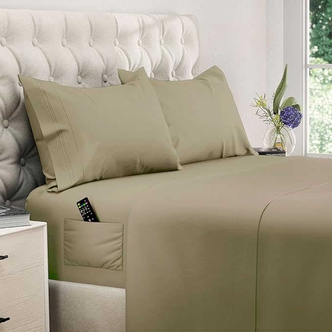 DREAMCARE King Size Sheets Set – 4 pcs Super Soft & Lightweight Cooling Sheets – up to 21” Deep Pocket King Sheet Set – Hotel Luxury Sheets & Pillowcases 100% Microfiber with Side Pocket Eucalyptus