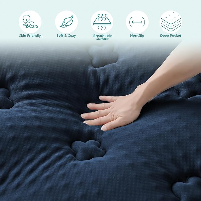 Hansleep Memory Foam Mattress Pad Topper Queen, Queen Foam Mattress Topper Viscose Derived from Bamboo, Queen Size Bed Mattress Pad Cover for Back Pain Relief, 60" x80", 60" x80", Navy Blue