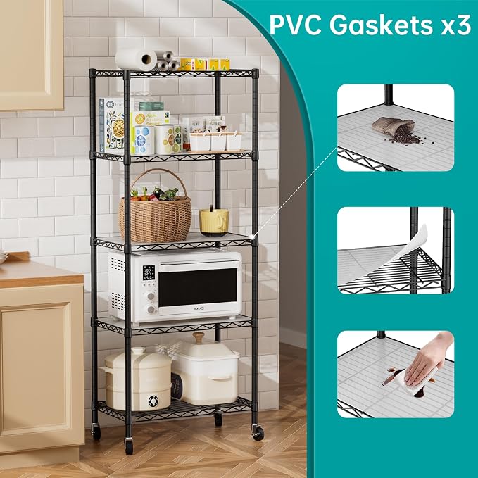 SINGAYE 5 Shelf Storage Wire Shelves Closet Bathroom Organizers Metal Pantry Kitchen Garage Shelving Unit Laundry Room Organization Home Narrow Rack Net Basket with Wheels Black - Image 5