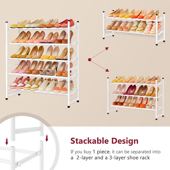 Tajsoon Expandable Shoe Rack for Closet 5 Tier, 29“-41“Adjustable & Stackable Shoe Shelf Storage, Metal Shoe Rack Organizer for Front Door Entrance, Closet, Garage, Entryway, White - Image 7