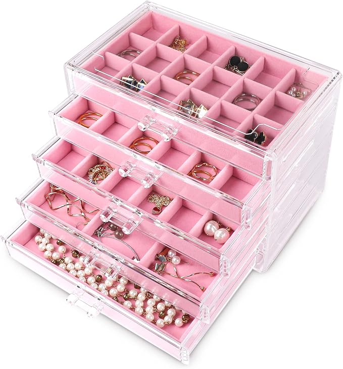 Frebeauty Acrylic Jewelry Organizer Earring Organizer Box with 5 Drawers Earring Holder Organizer with Velvet Trays Clear Jewelry Box for Women Earring Display for Rings StudsPink by Frebeauty