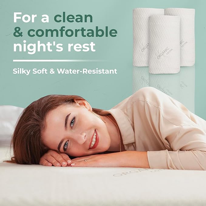 Memory Foam Mattress Protector – Organic Cotton with Eco-Friendly Greenshield Water Resistance – Kool-Flow Breathable Stretch Fabric – All USA Made – Best for Plush Beds – Full