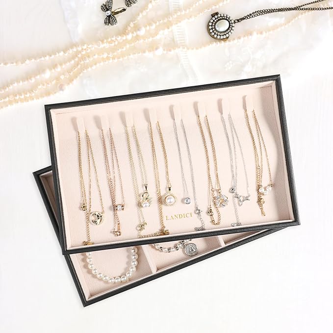 LANDICI Stackable Jewelry Organizer Trays 4 Set,PU Leather Jewelry Organizer Drawer,Jewelry Storage Display Tray for Earring Necklace Rings Bracelet with Removable Dividers,Black - Image 7
