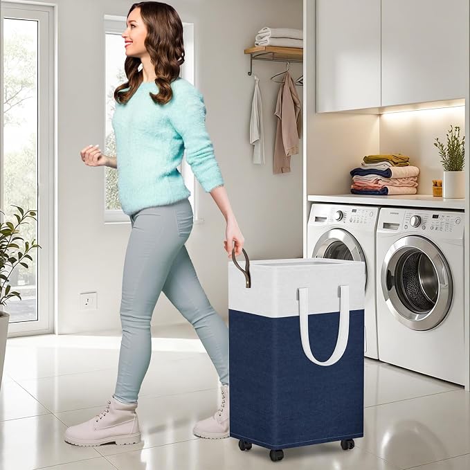HomeHacks 75L Rolling Laundry Basket with Wheels, Collapsible & Waterproof Laundry Hamper, Mobile Clothes Hamper, Storage Laundry Bins with Handles for Laundry Room, Bedroom, Bathroom & Dorm, Blue - Image 5