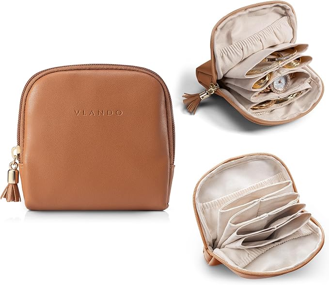 VLANDO Mini Jewelry Travel Case,Jewelry Pouch Bags with Zipper, Velvet Jewelry Organizer Storage Bag for Bracelet Rings Earring Travel Essentials Gifts for Women Girl - Dark brown by VLANDO