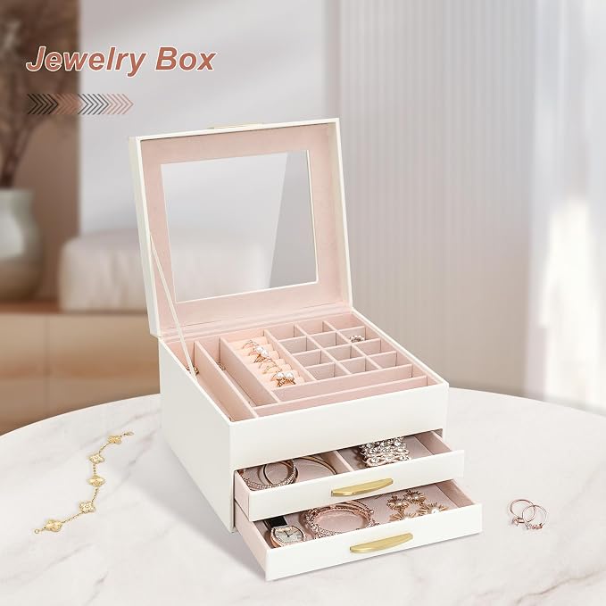 Jewelry Storage Box with Glasses Lid, 3-Tiers Jewelry Organizer Box for Women Girls, Jewelry Case for Rings, Bracelets Earrings, Necklaces (White) - Image 2