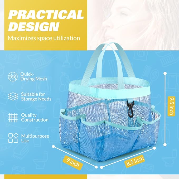 LOYEE Mesh Shower Caddy Portable for College Dorm Room Essentials with 8 Pockets, Shower Bag for Beach, Swimming, Gym, Travel, Bathroom(All blue) - Image 2