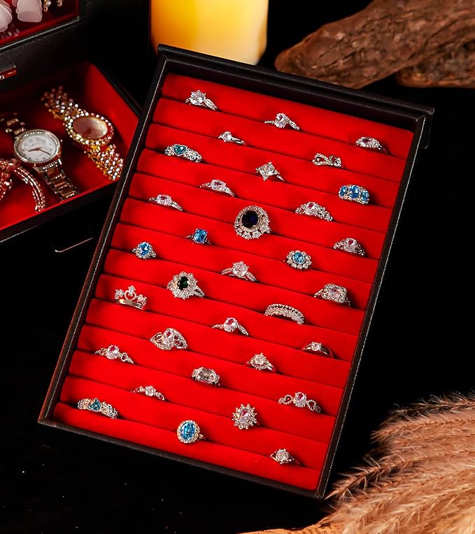 Homde Jewelry Organizer with Transparent Window Necklace Hooks Gift for Women Jewelry Box Display Case for Necklaces Rings Earrings Bracelets and Other Jewelry Accessories (Black + Red +Gold) - Image 8