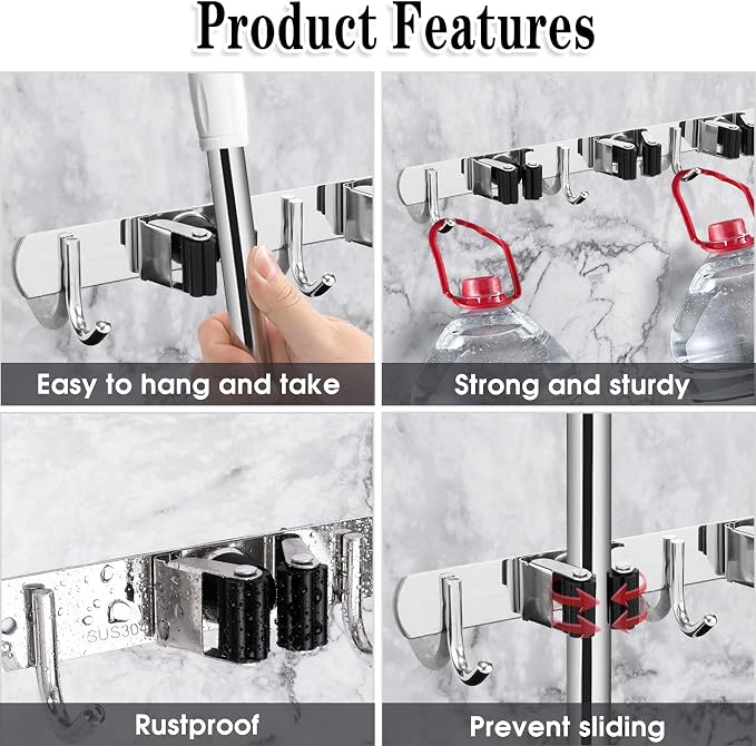 3 Racks and 4 Hooks Broom and Mop Holder Wall Mounted Garage Organizer Storage Tool Racks Stainless Steel Heavy Duty Hooks Self Adhesive Solid Non-slip Wall Hangers for Home Kitchen Garden Laundry - Image 2