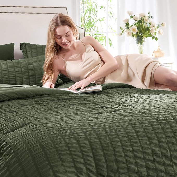 CozyLux Queen Comforter Set Olive Green Seersucker 7 Pieces Bed in a Bag Queen Comforter Set with Sheets, Luxury Bedding Sets with Down Alternative Comforter, Sheets, Pillowcases & Shams All Season