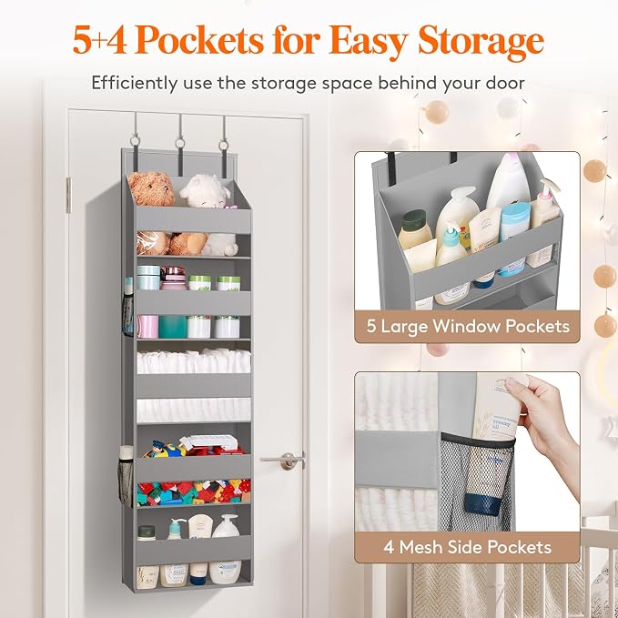 Lifewit 1 Pack Over the Door Organizer, Clear Window Hanging Storage with 4 Side Pockets, Anti Tilt 40 lbs Load Behind Door for Pantry, Nursery, Bathroom, Bedroom, Dorm, 5 Section, Light Gray - Image 3