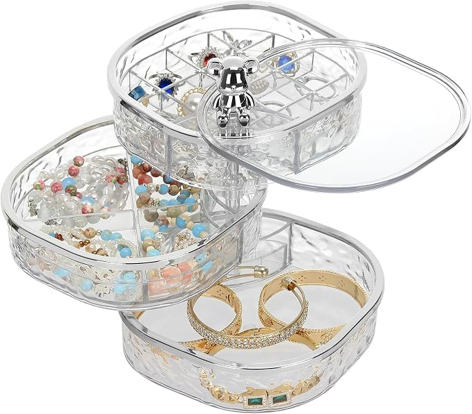 LETURE 3-Layers Rotatable Jewelry Organizer Storage Box, Clear Ripple Jewelry Holder Case for Ring Earring Necklaces Bracelets Makeup Hair Accessories, Small Rotating Jewelry Tray for Women (Clear) by LETURE