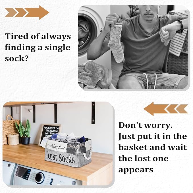 2 Pack Lost Socks Basket for Laundry Room, Fabric Missing Sock Holder for Single Sock Organization, Collapsible Lost Socks Bin Stockings Container, Farmhouse Laundry Room Decor and Accessories - Image 3