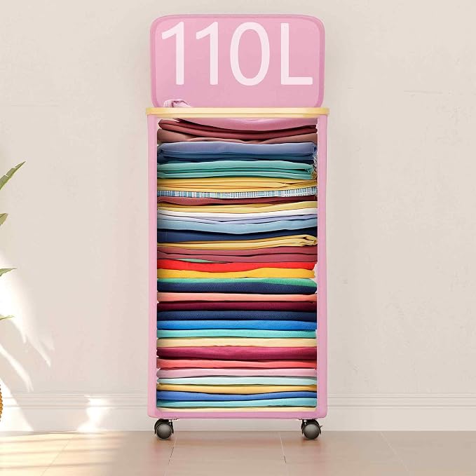 SUOCO Laundry Hamper on Wheels 100L, Clothes Basket with Lid and Bamboo Handles, Foldable Laundry Hamper for Bedroom, Bathroom, Dorm, Laundry Room - Pink - Image 4