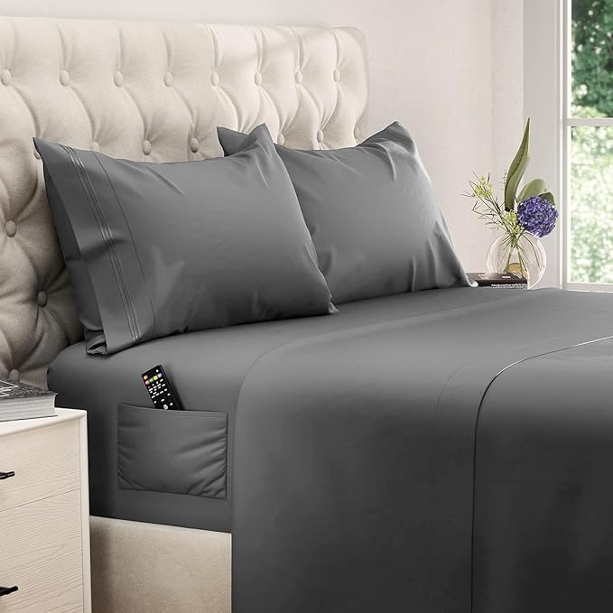 DREAMCARE Twin XL Sheet Sets - 4 pcs Breathable Cooling Bed Sheets - up to 15" Deep Pocket Twin XL Sheets Set with Side Pockets - Extra Soft 100% Brushed Hypoallergenic Hotel Luxury Bedding -Dark Gray