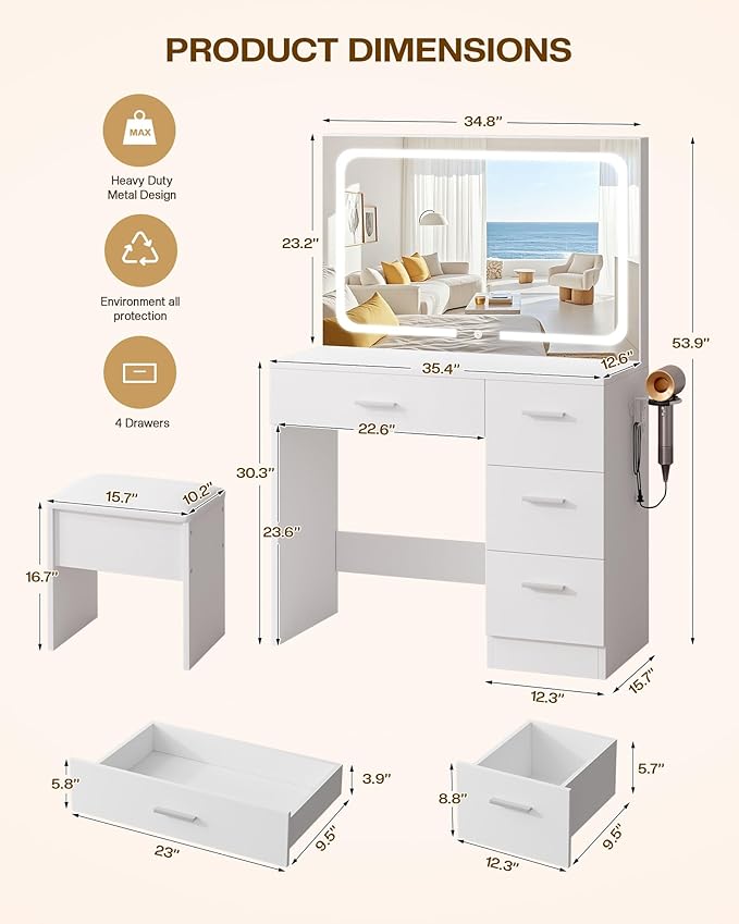 LIVELYGLOW Makeup Vanity Desk with Charging Station & LED Mirror – 35.4" Vanity Set with 4 Drawers, 3 Lighting Modes – Modern Bedroom Furniture (15.7" D x 35.4" W x 53.9" H), White