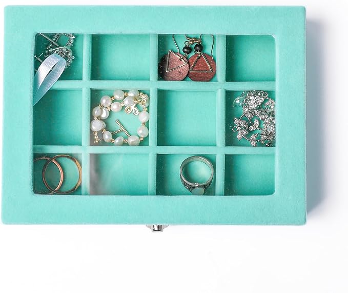 Frebeauty Jewelry Organizer Tray with Clear Lid 12 Grid Velvet Drawer Insert Jewelry Box with Transparent lid Jewelry Display Case Store Showcase Jewelry Box Gift for Women(Turquoise,12 Grid) - Image 5