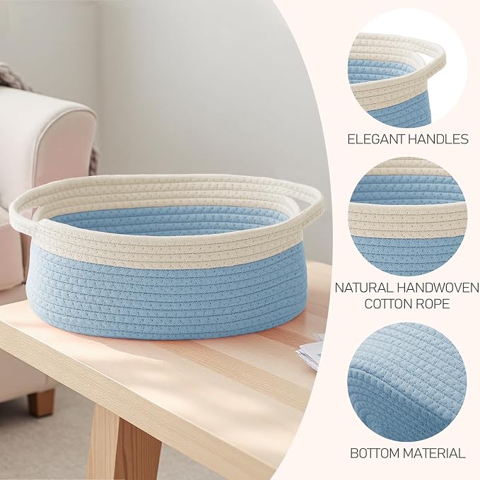 JMvicyroam Woven Basket,Small Rope Storage Bin with Handles & Ribbon Bag, Organizer for Shelves Closets,Gift Basket Empty for Birthday,Books,Dog Toys, White&Blue - Image 3