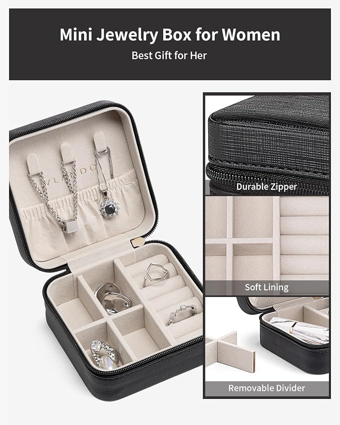 VLANDO Travel Jewelry Case, Mothers Day Mom Gifts, Small Jewelry Travel Organizer Box for Girls Women with Mirror Black - Image 4