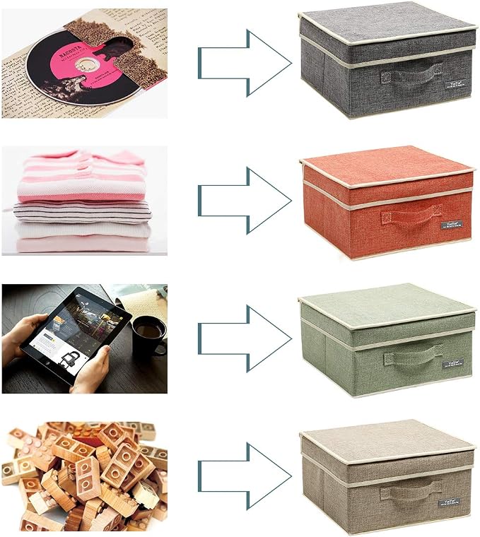 YueYue Small 4 Pack Fabric Stroage Box with Lids, Linen Foldable Stroage Box with lids 4 Color Set 12.4in/12in/6.7in - Image 6