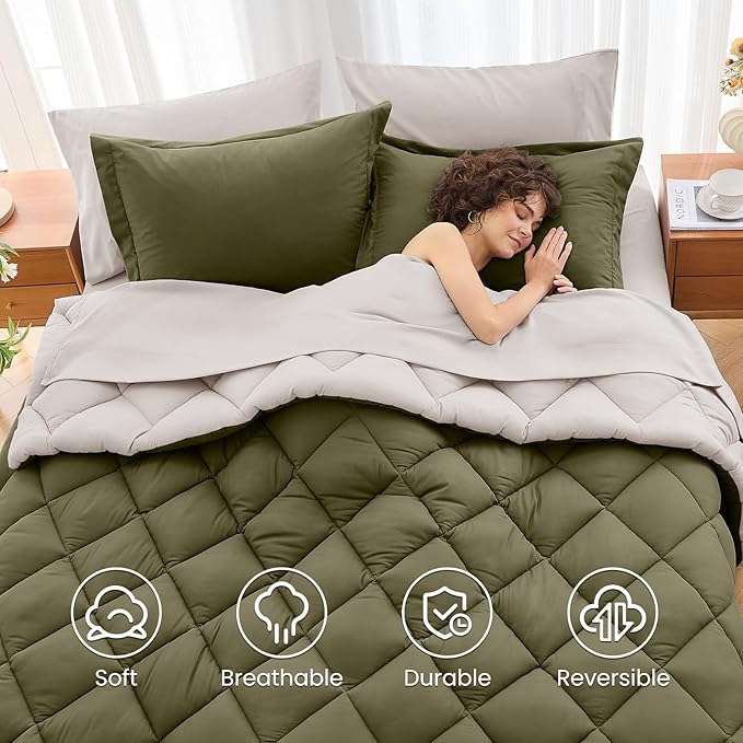 MUXHOMO 5 Pieces Twin Comforter Set, Reversible Bed in a Bag Twin Size, All Season Bedding Set with Comforter, Flat Sheet, Fitted Sheet, Pillowcases & Shams, Olive Green & Beige