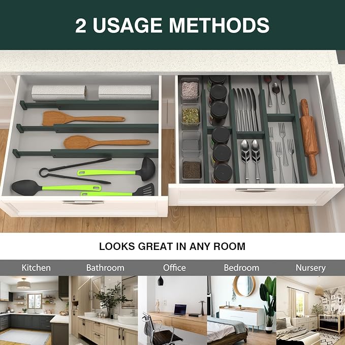 ANTOWIN Expandable Bamboo Drawer Dividers Organizers, Drawer Separators Splitter,17-22 inches Long Adjustable Spring-loaded Organizer for Large Utensil, Clothes, Tools(Dark Green) - Image 7
