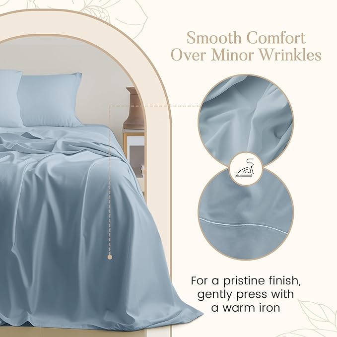 100% Egyptian Cotton Sheets Queen Size Set, 800TC 15" Deep Pocket Queen Sheets Set, Soft Breathable Sateen Weave 4PC Elasticated Sheet & Pillowcase Sets, No Pill & Shrink, Fade Resistant- French Blue